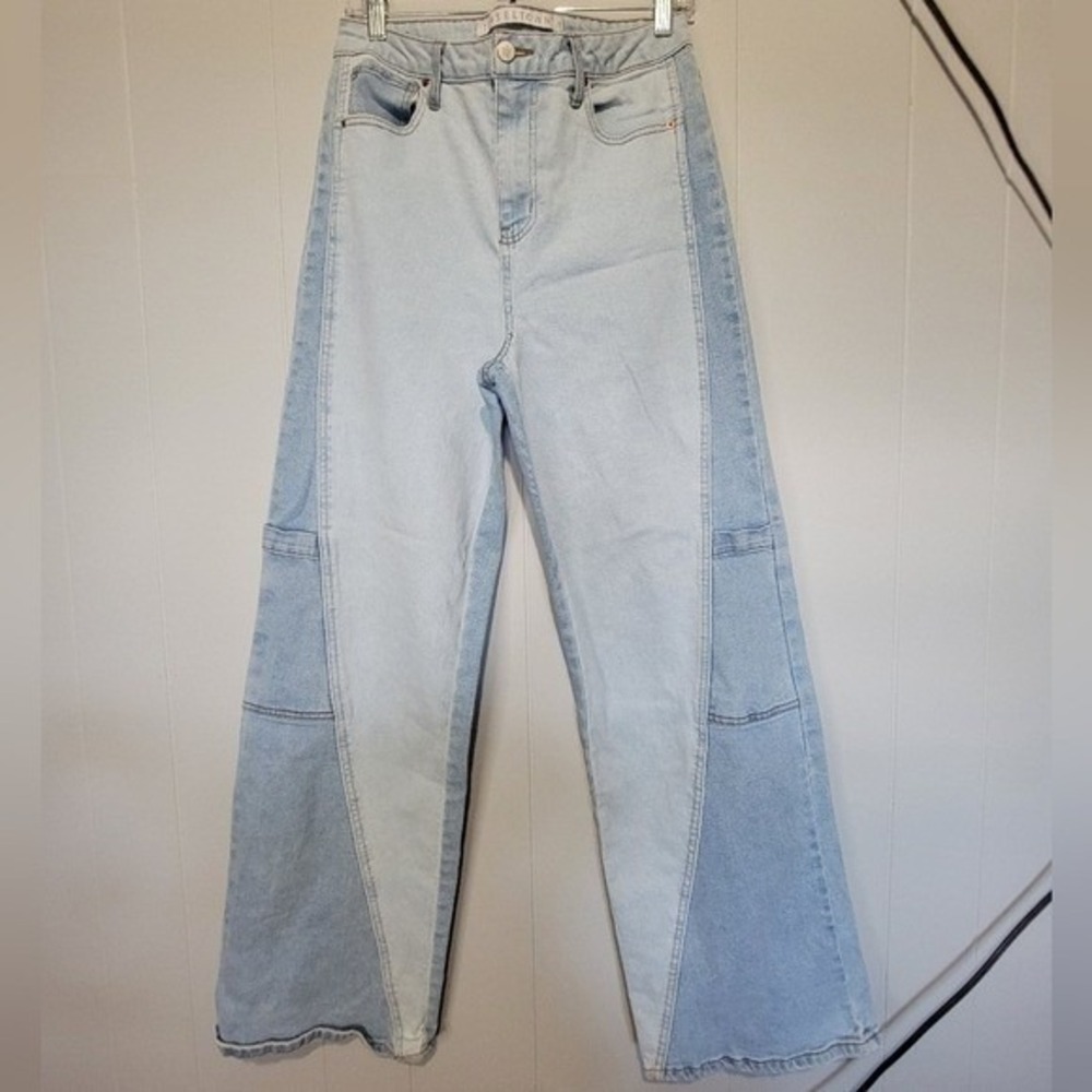 Tinseltown High Rise Wide Leg Two Tone Colorblock Jeans Light Wash Womens Size 9